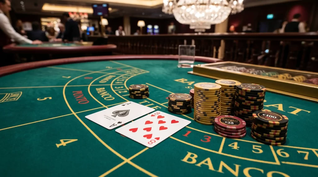Eleganter Baccarat-Spieltisch mit Karten und Chips in professioneller Casino-Atmosphare