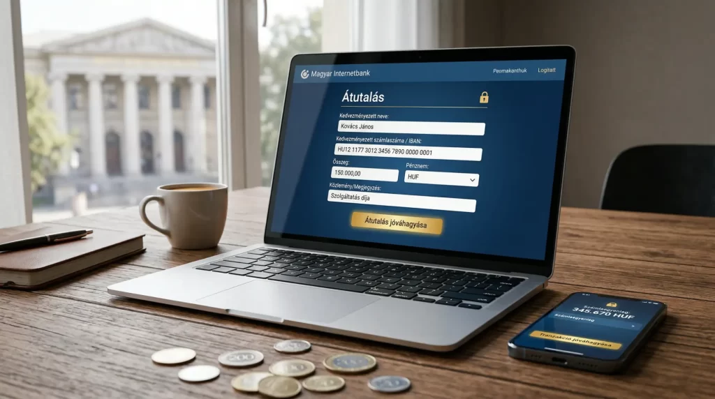 Banki atutalas interfesz laptopkepernyon forint szimbolummal es biztonsagi ikonokkal