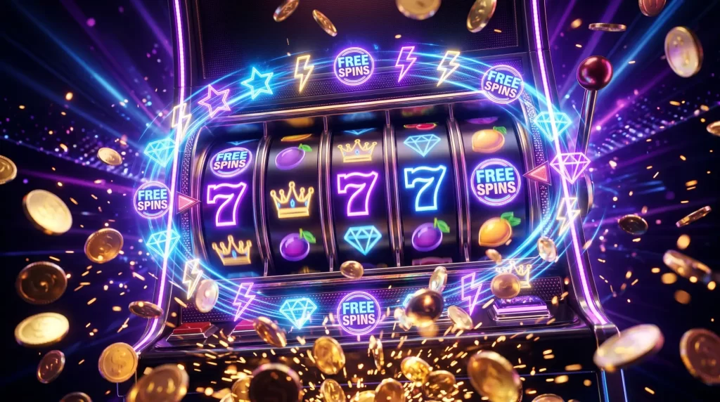 Bedava donus slot bonusu konsepti - renkli slot makaralari ve ucretsiz spin sembolleri ile dijital casino ortami