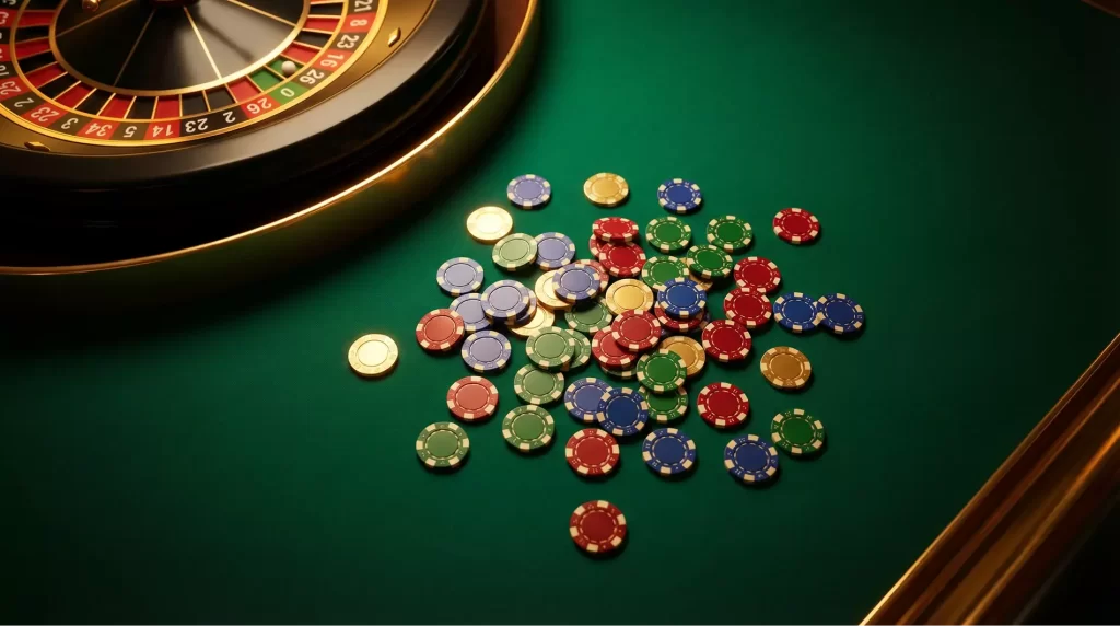 Mesa de casino con fichas de colores y ruleta iluminada representando bonos sin deposito