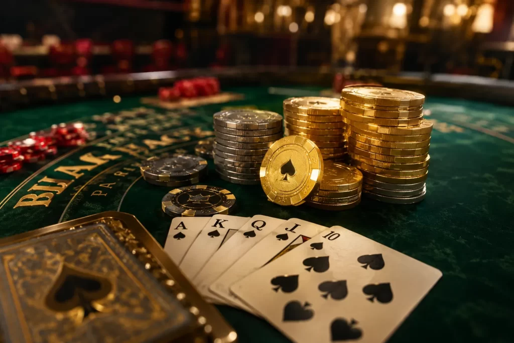 Jetons de casino et bonus gratuits sur fond de table de jeu élégante