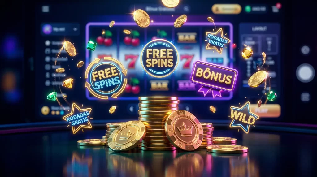 Fichas de casino douradas e rodadas gratis num ambiente de jogo online elegante