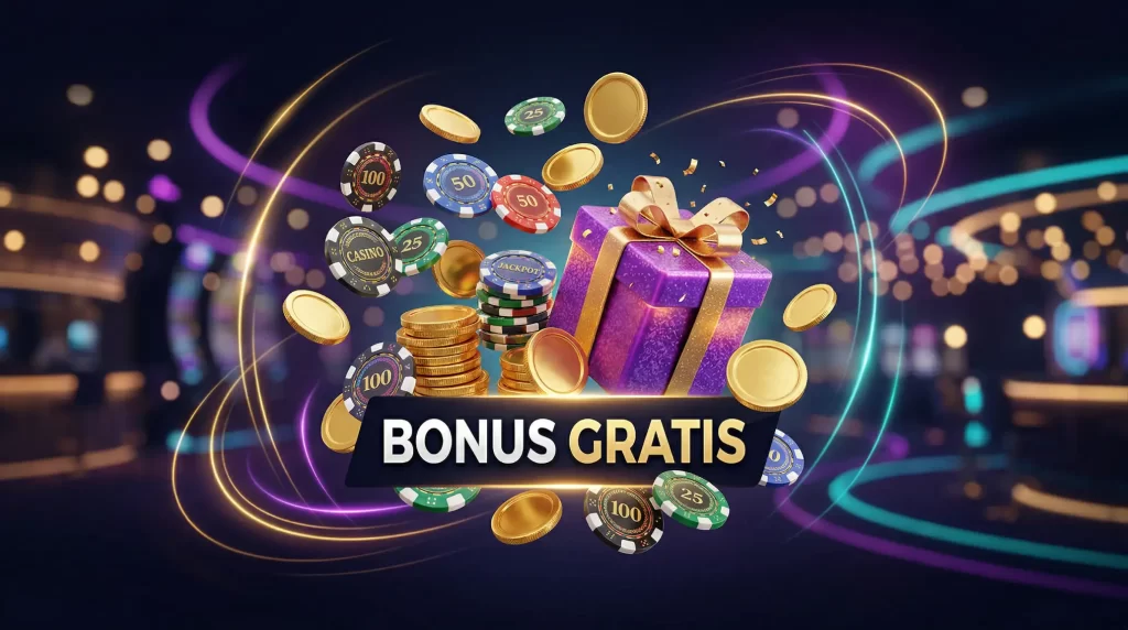 Rappresentazione grafica di bonus è crediti gratuiti per casino online con simboli di monete è giri gratis