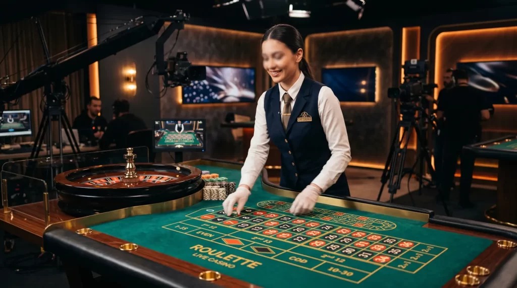 Canli casino krupiye konsepti - profesyonel krupiye rulet masasinda HD kameralar ve studyo aydinlatmasi ile