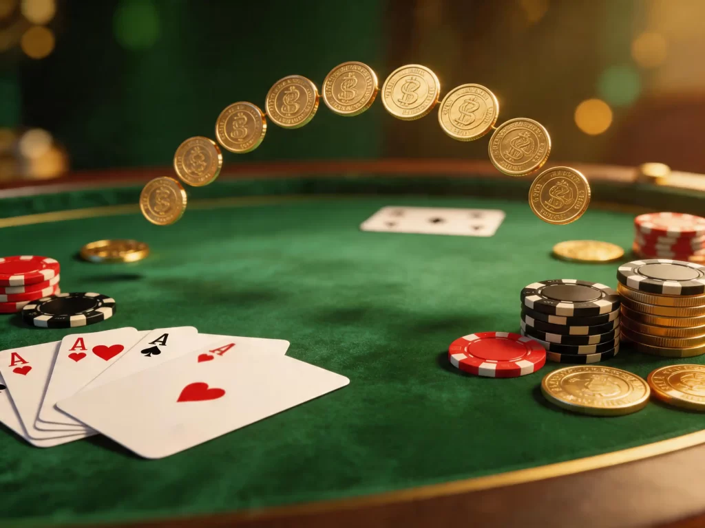 Cashback bonus v spletni igralnici - zlati kovanci in kartice na zeleni mizi