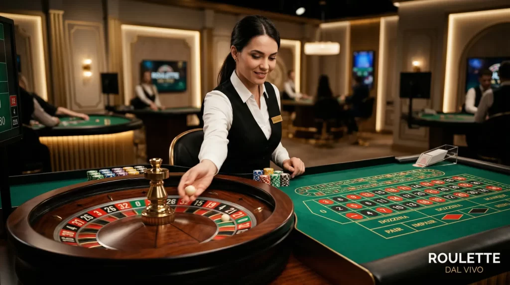 Tavolo da roulette elegante con croupier professionista in streaming video che rappresenta l'esperienza del casino online dal vivo
