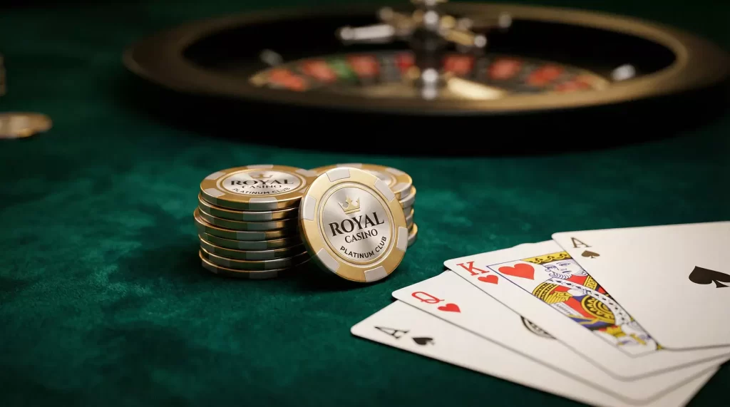 Mesa de casino con fichas doradas y naipes sobre tapete verde iluminado con luz ambiental calida