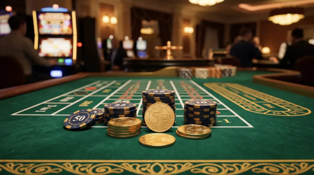 Mesa de casino com fichas de poker e moedas de euro iluminada por luz ambiente dourada representando depositos minimos em casinos online portugueses