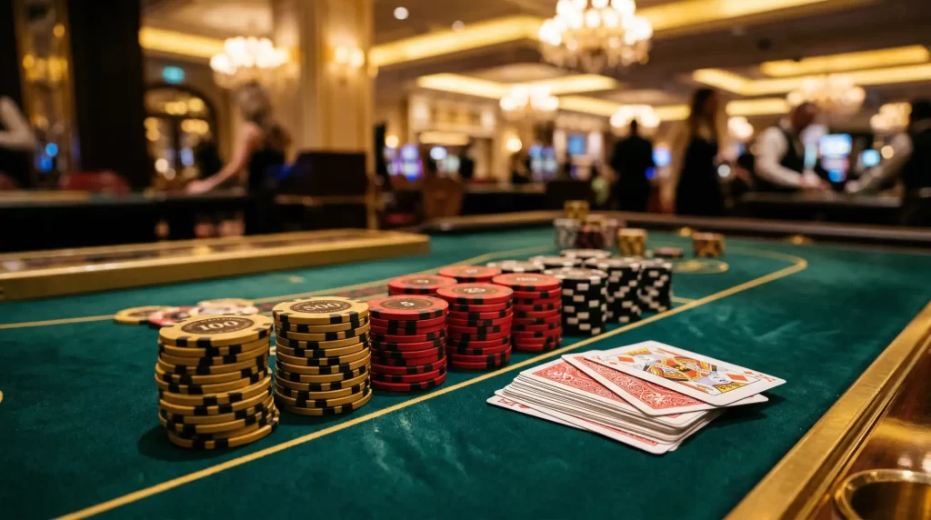 Tavolo da casino con fiches è carte da gioco illuminate da luci soffuse in ambiente elegante