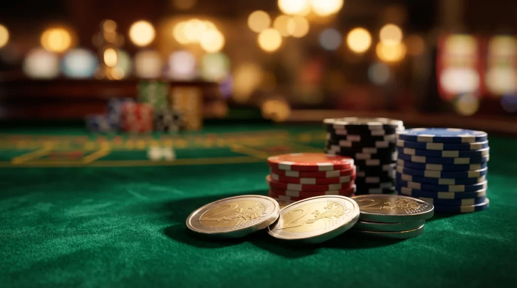 Fichas de casino y monedas de dos euros sobre una mesa de juego con iluminación ambiental