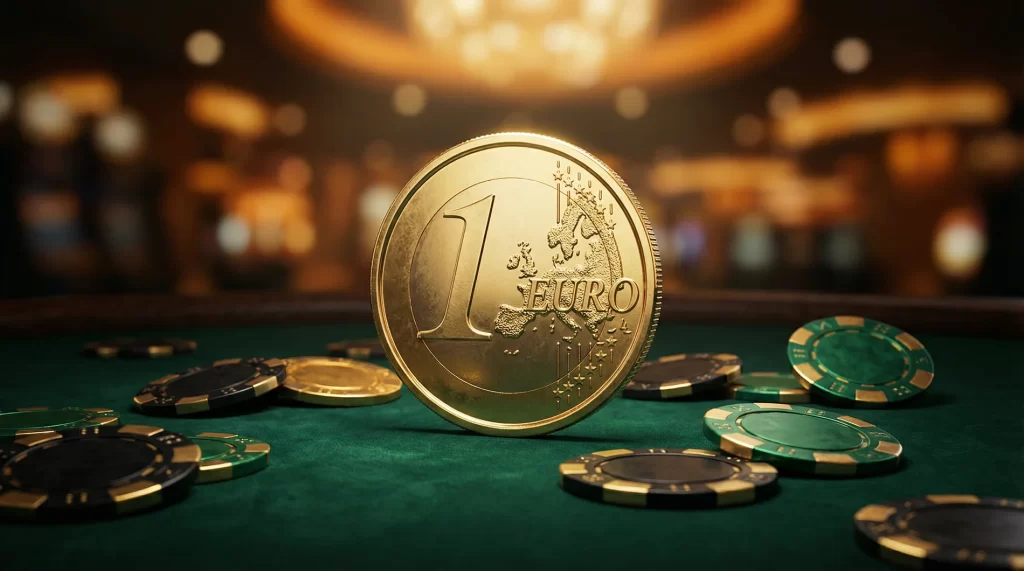 Mesa de casino con fichas doradas y moneda de un euro simbolizando depositos minimos accesibles
