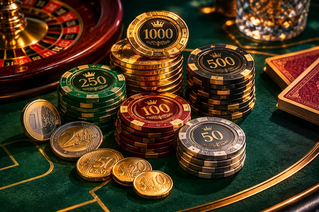 Jetons de casino et pièces de monnaie européennes symbolisant un dépôt minimum de 5 euros sur une table de jeu