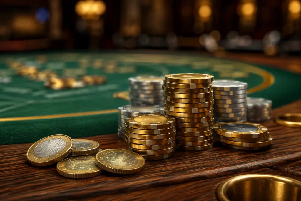 Table de casino avec jetons et pièces d'un euro sur fond élégant
