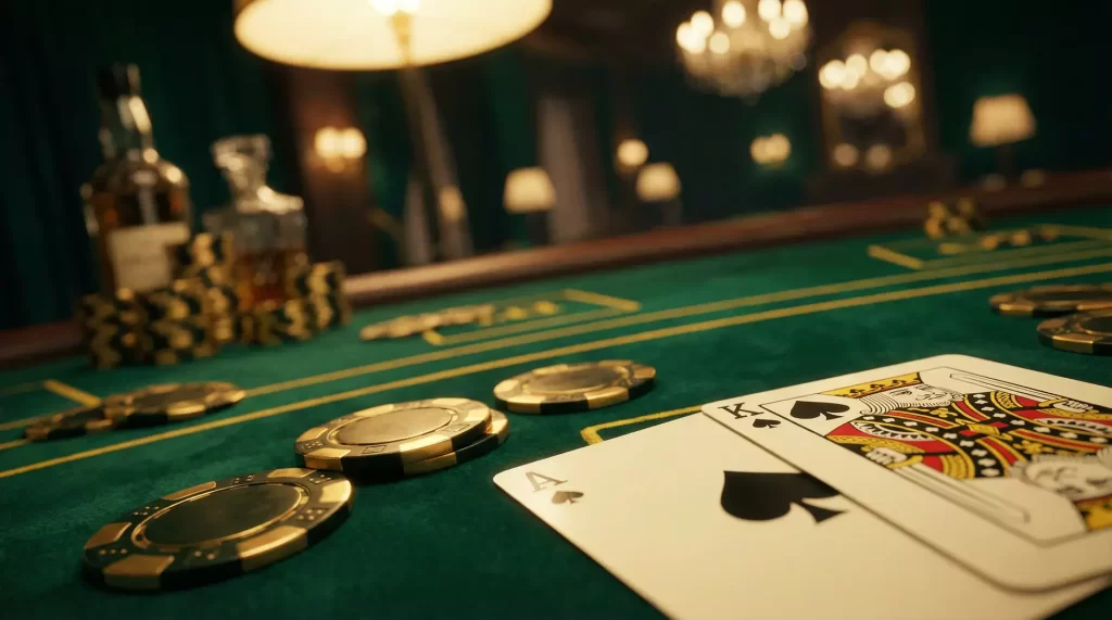 Mesa de casino con fichas doradas y cartas sobre tapete verde esmeralda iluminada por luces calidas de ambiente exclusivo