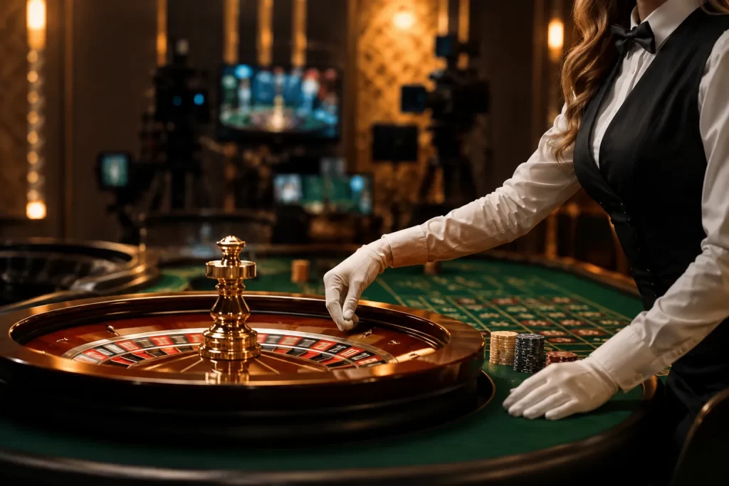 Table de casino en direct avec croupier professionnel distribuant les cartes sous éclairage cinématographique