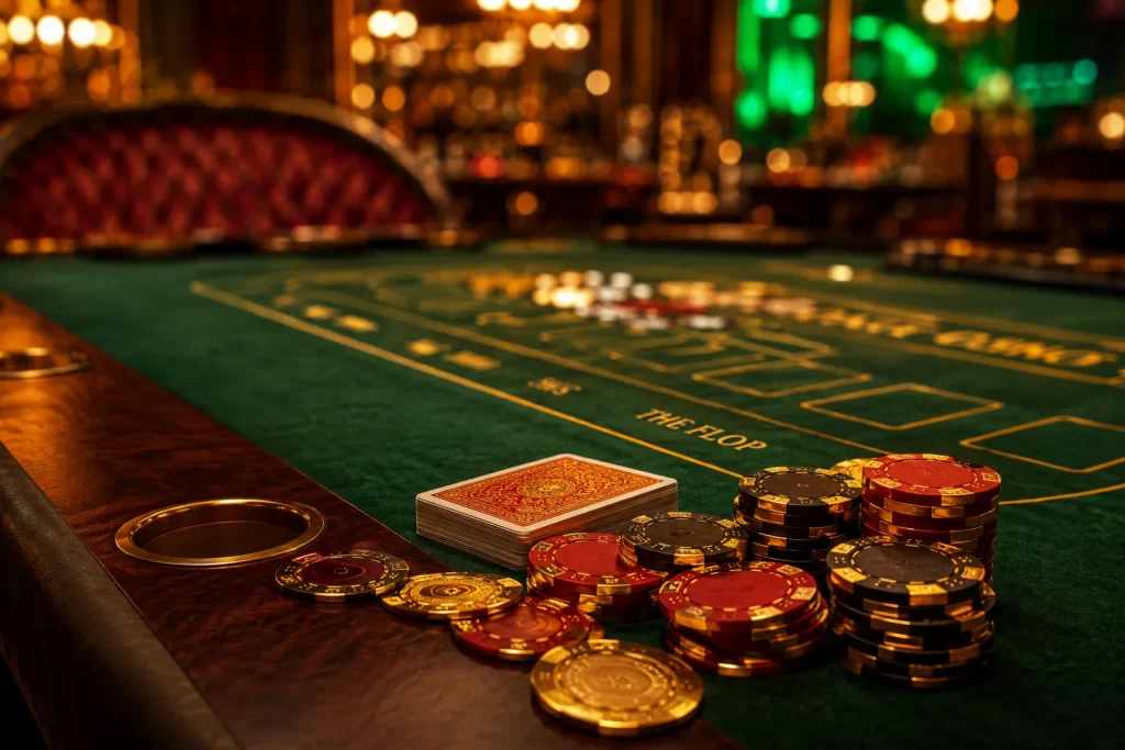 Atmosphere de casino en ligne avec jetons et cartes sur table de jeu virtuelle