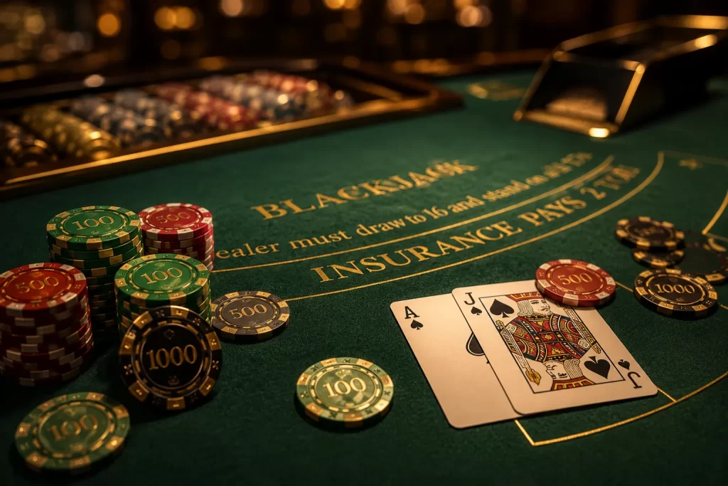 Table de casino avec jetons et cartes dans une ambiance élégante aux couleurs bleu et or