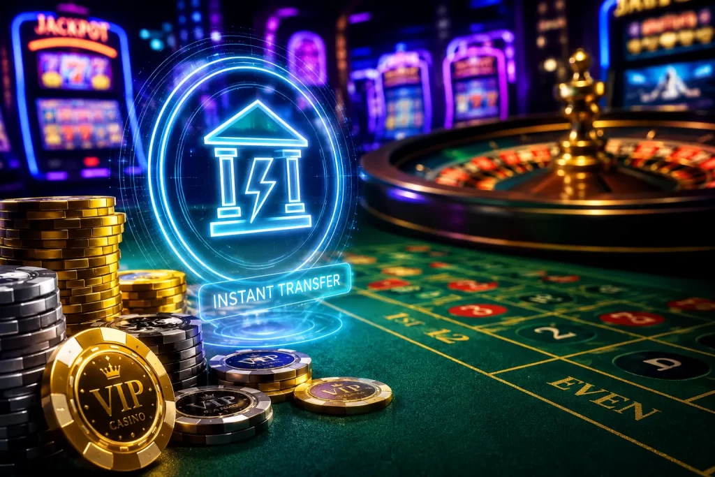 Interface de casino en ligne avec paiement instantané via technologie Pay N Play montrant des jetons de poker et une roulette numérique