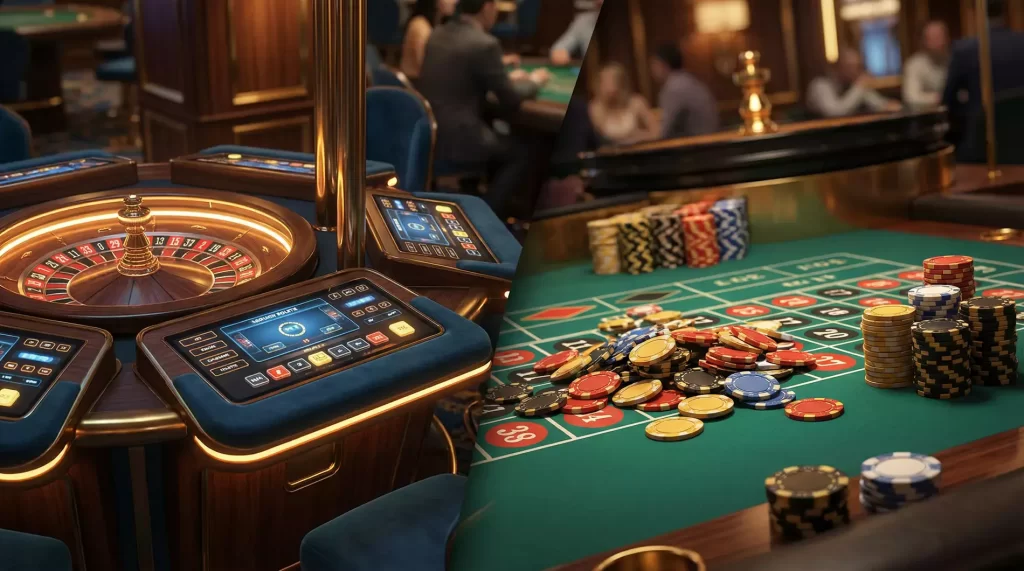Mesa de casino con ruleta electrónica, fichas de colores y ambiente de sala de juegos profesional con iluminación tenue
