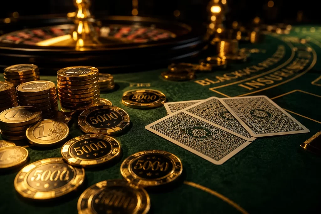Jetons de casino dorés et pièces de monnaie sur une table de jeu évoquant les gains et paiements