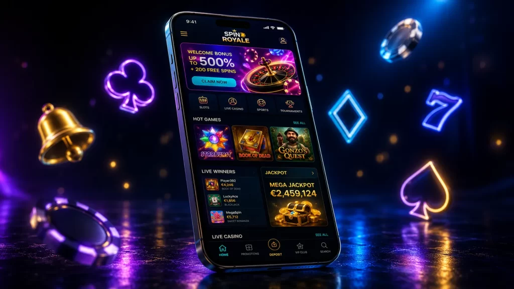 Ecran de smartphone affichant une interface de casino en ligne avec des jeux de hasard dans un environnement moderne et lumineux