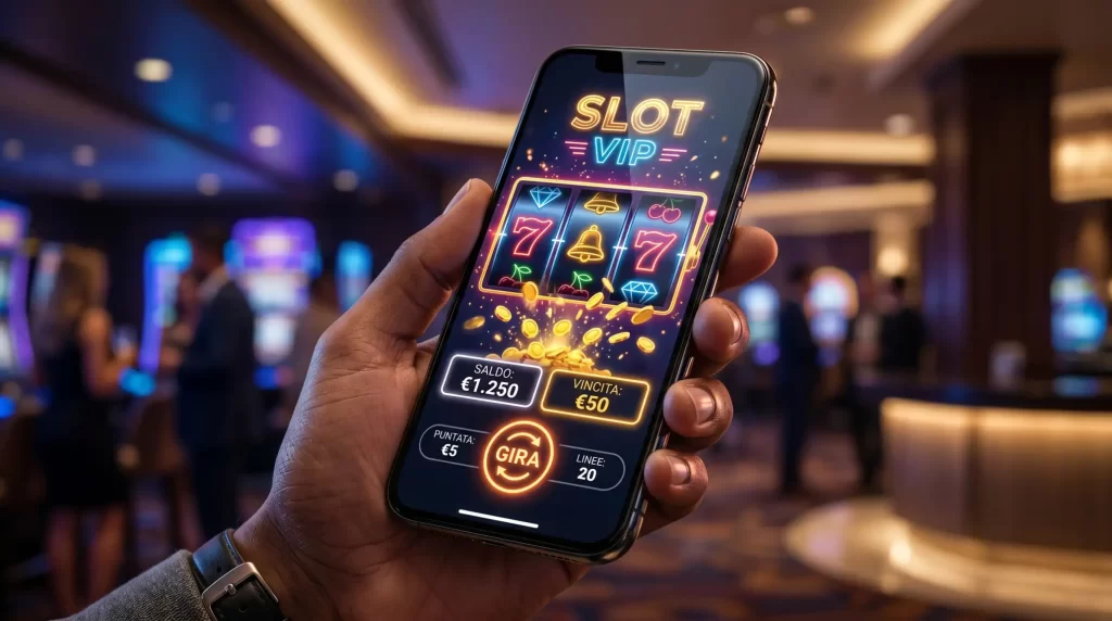 Smartphone moderno con schermata di slot machine colorata che rappresenta l'esperienza di gioco nei casino mobile online