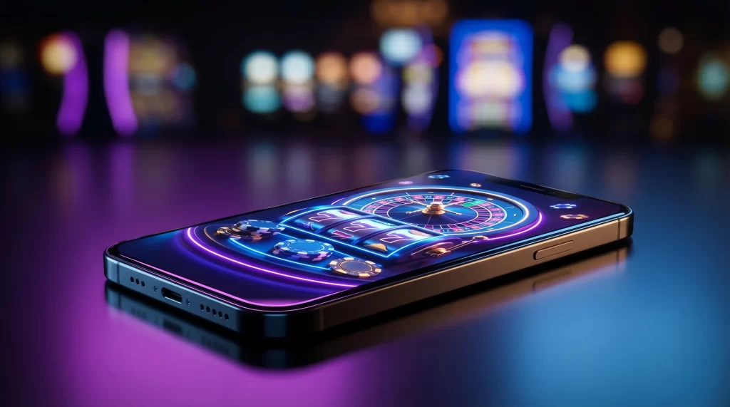 Smartphone mostrando interfaz de casino movil con tragamonedas y ruleta iluminada en ambiente nocturno