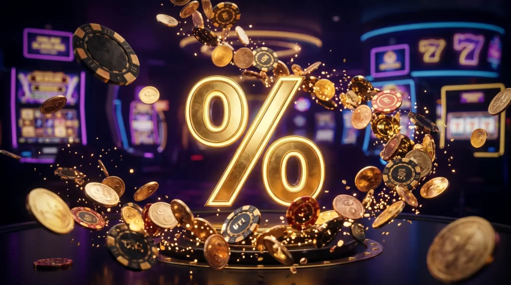 Casino nakit iade bonusu konsepti - slot makineleri ve para iade sembolleri ile dijital kumarhane ortami