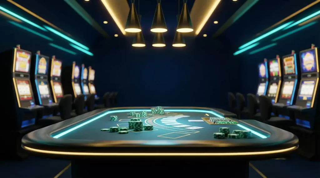 Mesa de casino con fichas y cartas iluminada con luces neon azules y doradas representando el acceso rapido al juego online