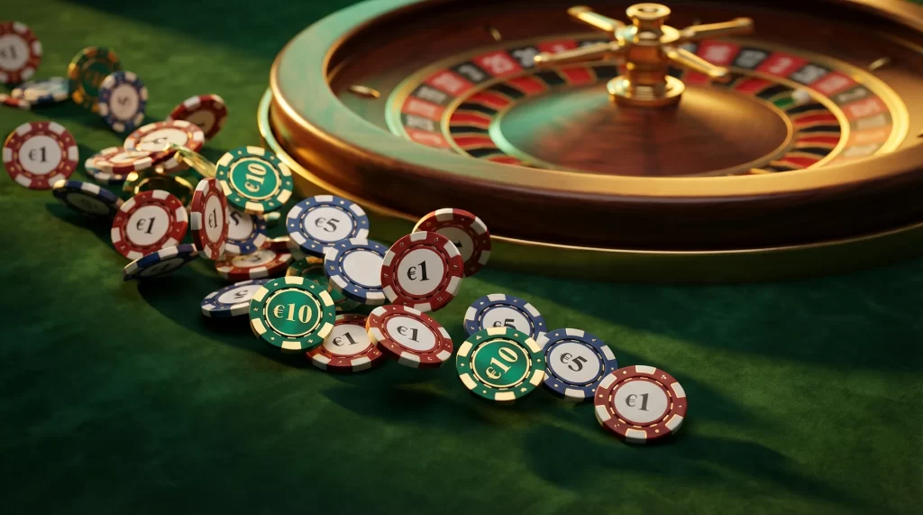 Fichas de casino y ruleta representando depositos minimos en casinos en linea