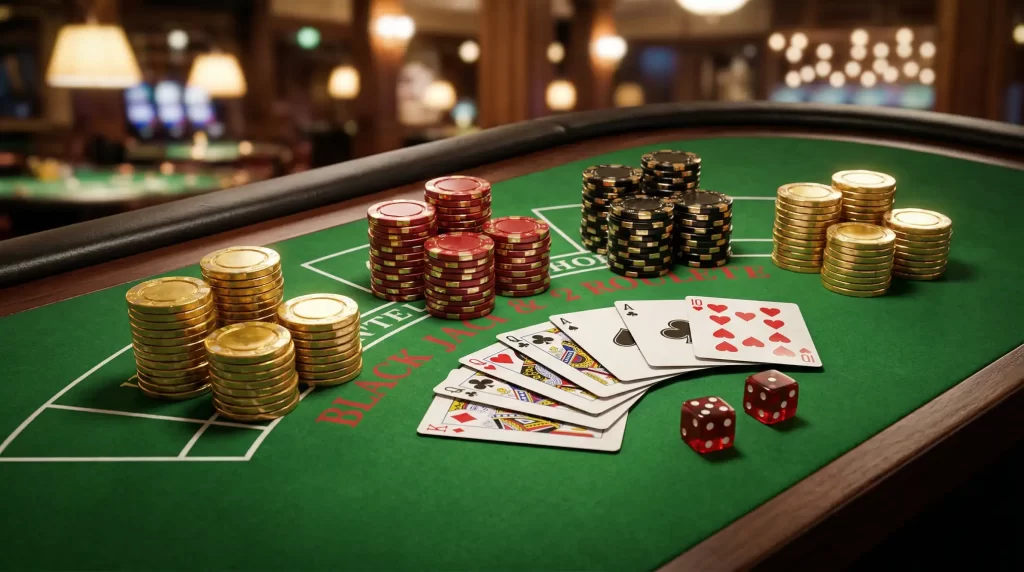 Mesa de casino com fichas e cartas em ambiente sofisticado representando jogos com dinheiro real