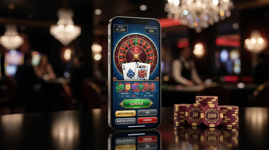 Smartphone a exibir interface de cassino online com fichas e cartas num ambiente moderno e elegante