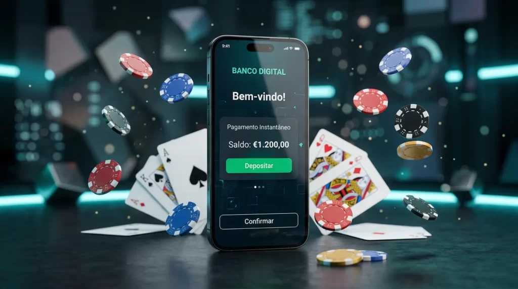 Mesa de cassino com fichas e cartas num ambiente digital moderno com elementos de pagamento instantaneo