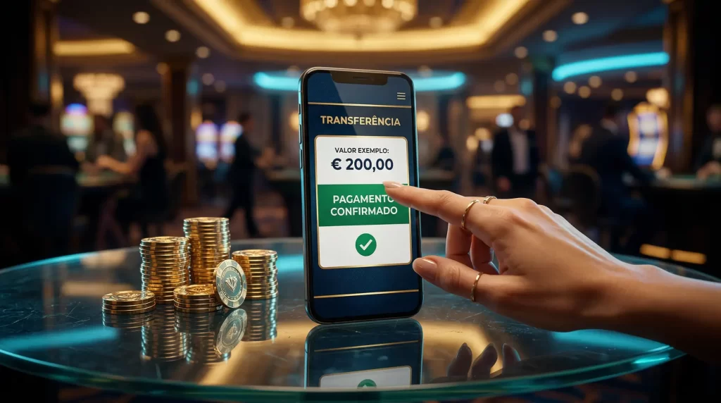 Mesa de cassino com fichas douradas e interface de pagamento bancário digital representando depósito instantâneo Pay N Play