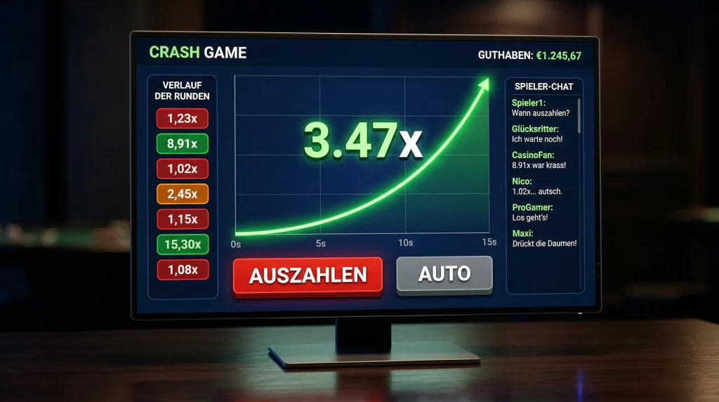 Bildschirm eines Crash-Spiels mit steigender Multiplikator-Kurve und Auszahlungsknopf