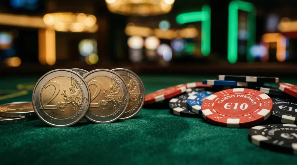 Moedas de dois euros junto a fichas de casino num ambiente de jogo online iluminado