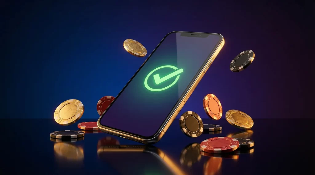 Teléfono móvil mostrando una transacción de depósito por SMS en un casino online con fichas de juego alrededor