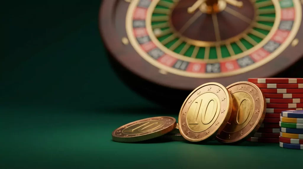 Fichas de casino y monedas de euro sobre mesa de juego con iluminación profesional