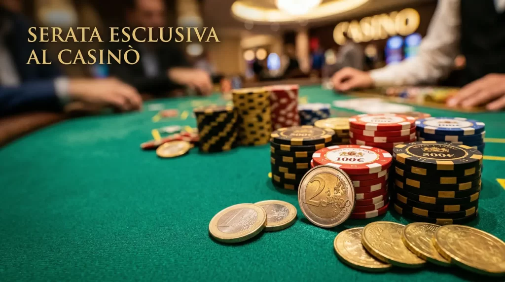 Fiches da casino è monete euro su tavolo da gioco verde con illuminazione professionale