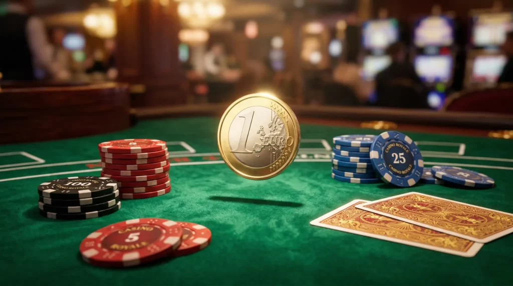 Fiches da casino è moneta da un euro su tavolo da gioco verde con luci soffuse