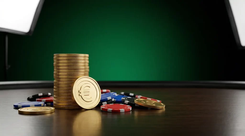 Fichas de casino e moedas de euro sobre uma mesa de jogo verde simbolizando depositos minimos em casinos online portugueses