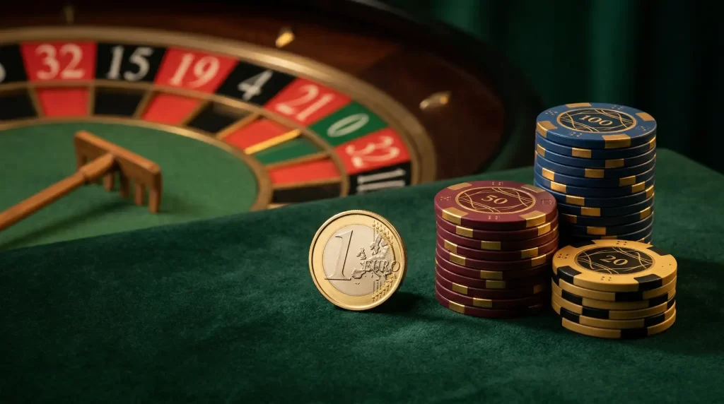 Mesa de casino com fichas e moeda de um euro representando o deposito minimo em casinos online portugueses