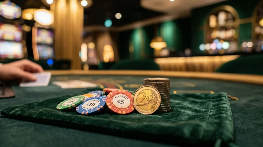 Fiches da casino è monete da due euro su un tavolo da gioco elegante con illuminazione soffusa