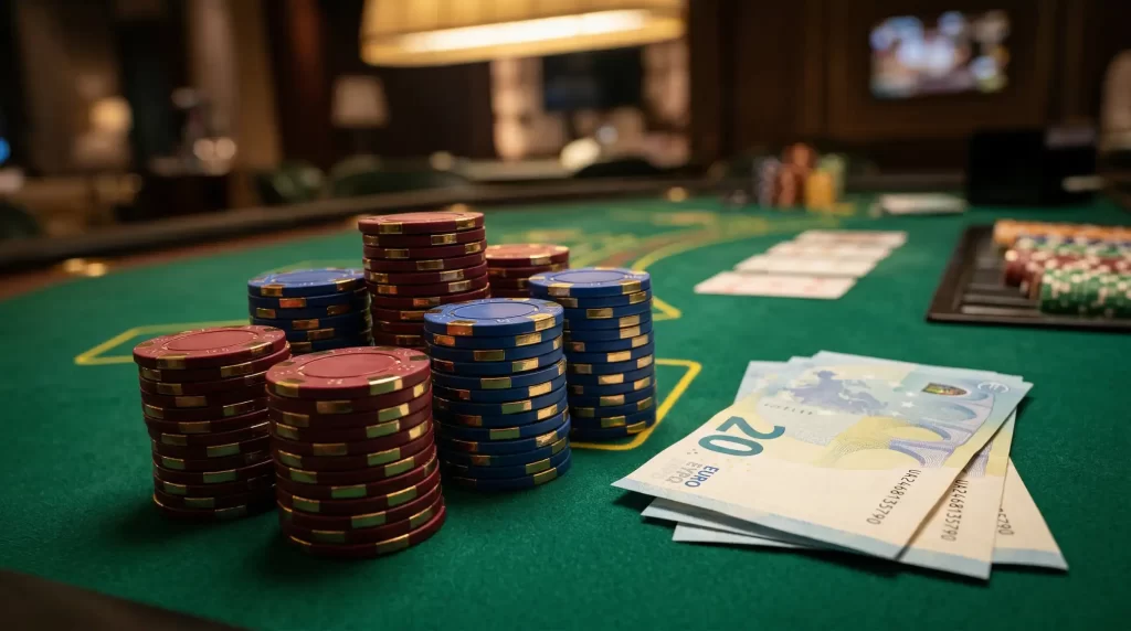Fiches da casino è banconota da venti euro su tavolo verde da gioco con illuminazione calda
