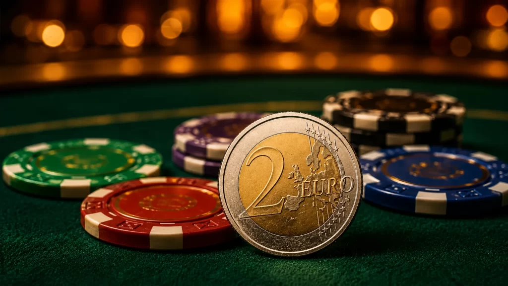 Piece de 2 euros posee sur un tapis de jeu vert avec des jetons de casino en arriere-plan