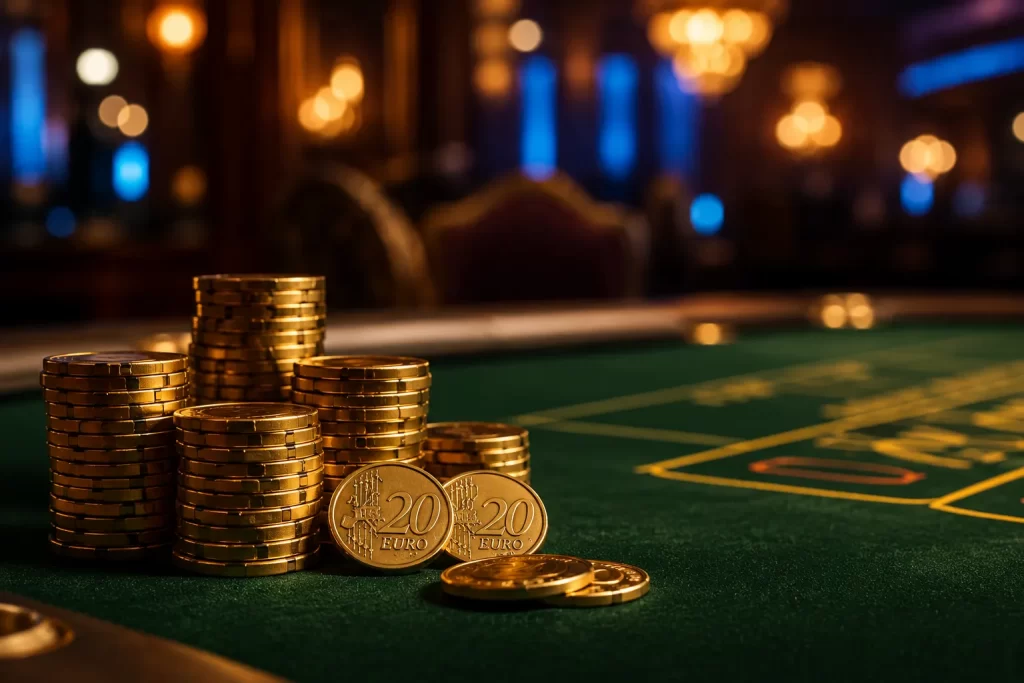 Jetons de casino et pieces de 20 euros sur une table de jeu verte avec éclairage tamise