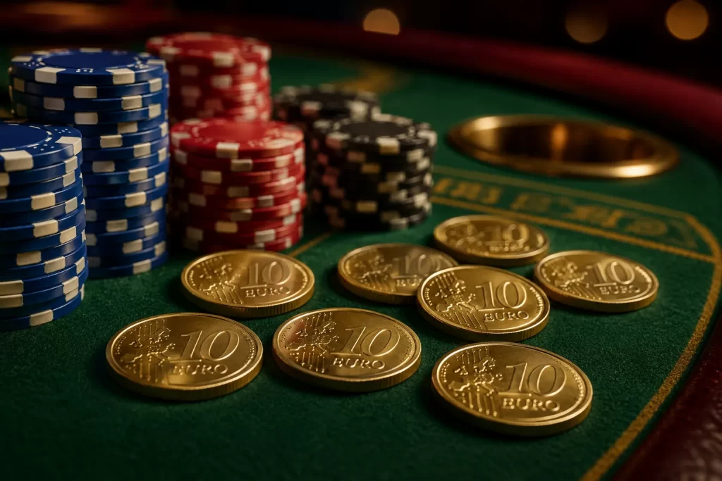 Jetons de casino et pieces de dix euros sur une table de jeu avec eclairage tamise