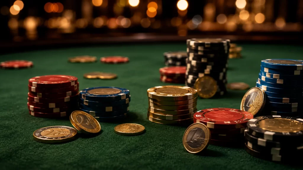 Jetons de casino colorés et pièces en euros sur une table de jeu verte symbolisant les dépôts minimaux