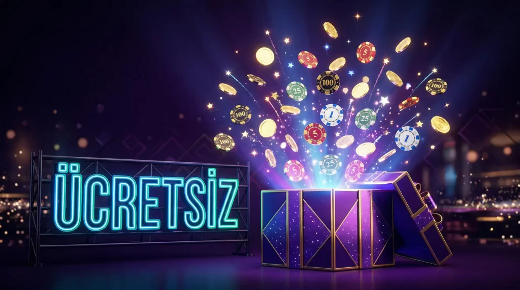 Depozitosuz casino bonusu konsepti - altin madeni sikkeleri ve hediye kutusu ile ucretsiz bonus sembolizasyonu