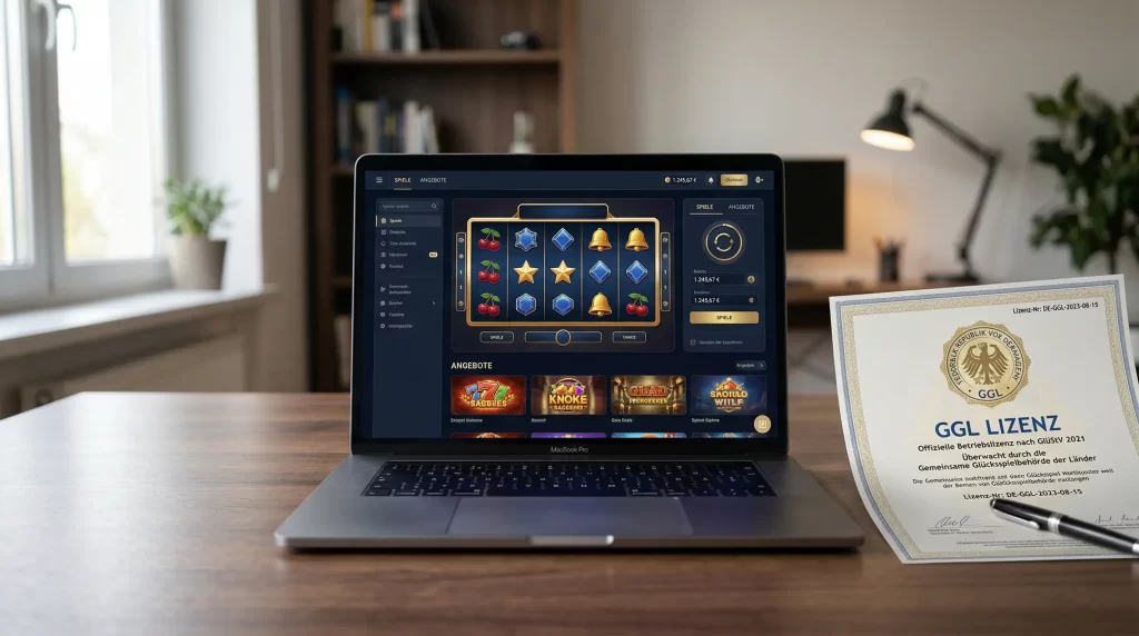 Modernes Online Casino Interface mit deutschen Spielerschutz-Elementen und GGL-Lizenzierung